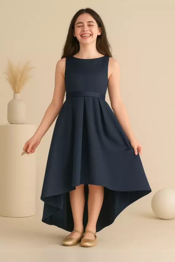Kız Çocuk Saten Abiye Elbise – Prenses Model Mezuniyet ve Parti Elbisesi Lacivert - 1