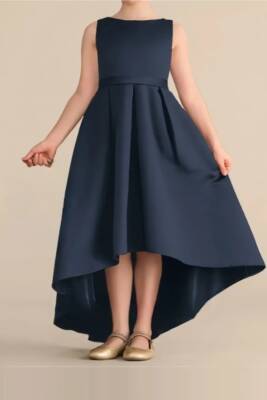 Kız Çocuk Saten Abiye Elbise – Prenses Model Mezuniyet ve Parti Elbisesi Lacivert - 2