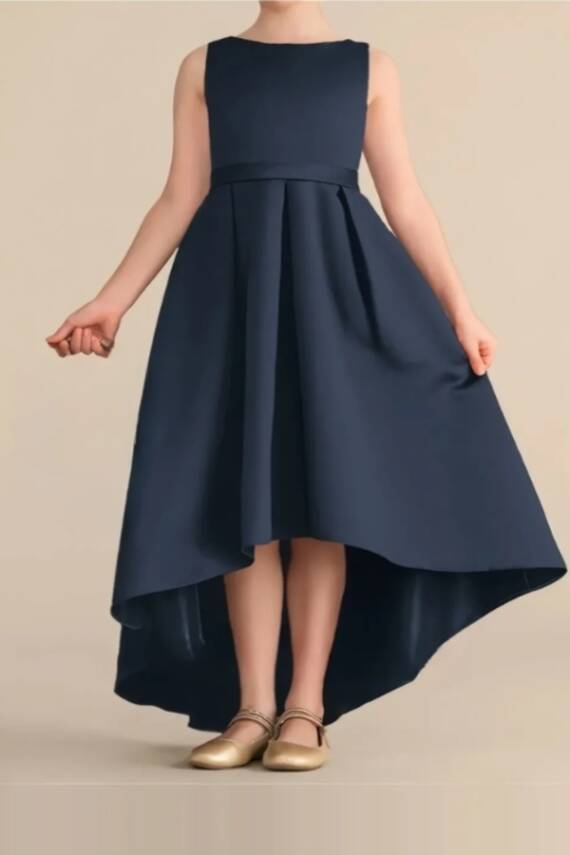 Kız Çocuk Saten Abiye Elbise – Prenses Model Mezuniyet ve Parti Elbisesi Lacivert - 2