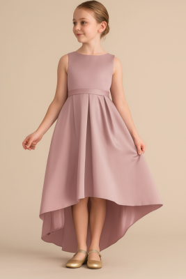 Kız Çocuk Saten Abiye Elbise – Prenses Model Mezuniyet ve Parti Elbisesi Pudra
