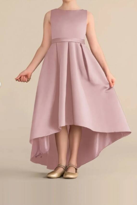 Kız Çocuk Saten Abiye Elbise – Prenses Model Mezuniyet ve Parti Elbisesi Pudra - 3