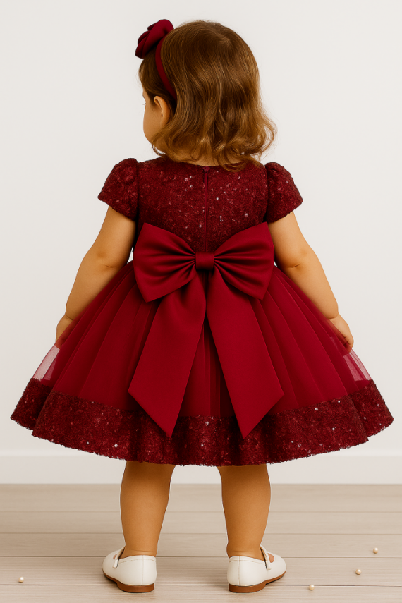 Kız Çocuk Şık Payetli Tüllü Özel Gün Elbisesi Bordo - 2