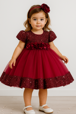 Kız Çocuk Şık Payetli Tüllü Özel Gün Elbisesi Bordo