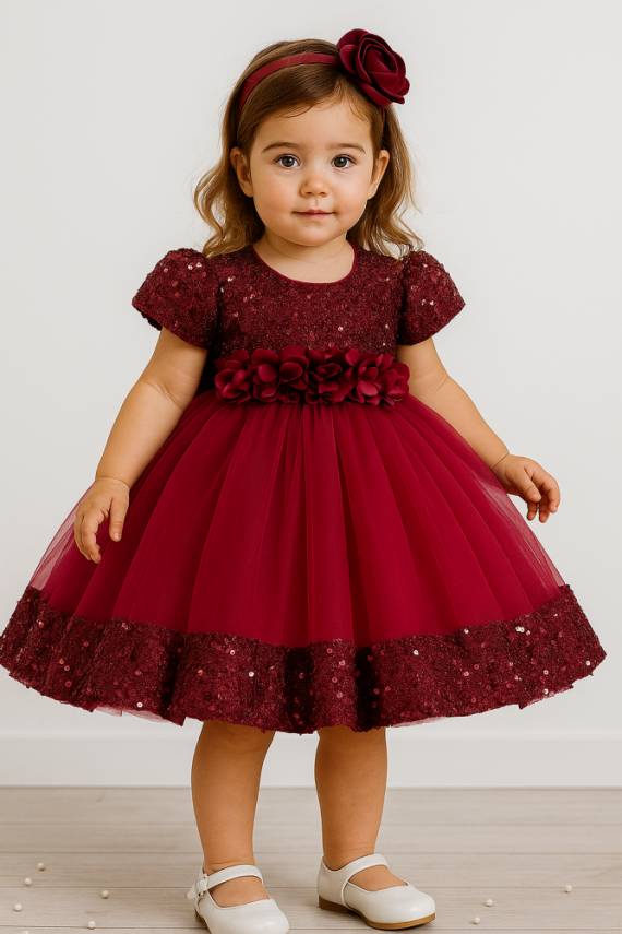 Kız Çocuk Şık Payetli Tüllü Özel Gün Elbisesi Bordo - 1