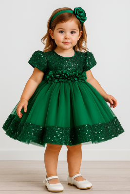 Kız Çocuk Şık Payetli Tüllü Özel Gün Elbisesi Yeşil
