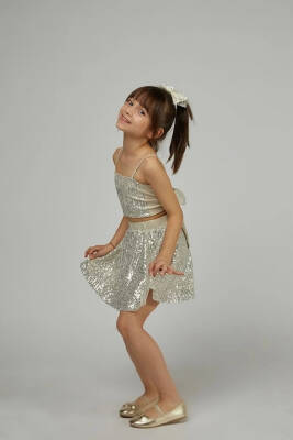 Kız Çocuk Simli Abiye Elbise - Payetli Üst ve Etek Bej - 2