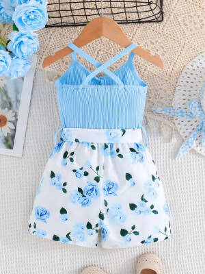  Kız Çocuk Yazlık Askılı Tulum Çiçek Desenli - Mavi Beyaz - 5