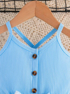  Kız Çocuk Yazlık Askılı Tulum Çiçek Desenli - Mavi Beyaz - 3