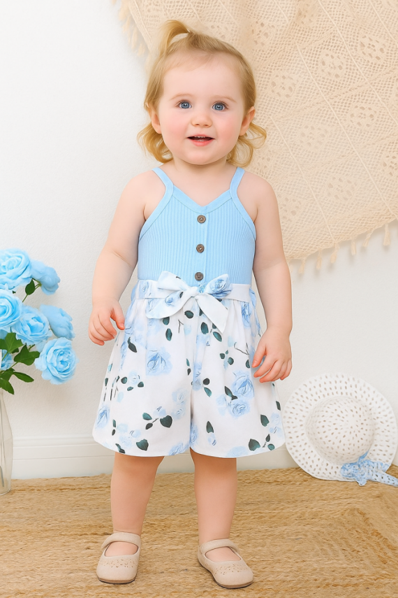  Kız Çocuk Yazlık Askılı Tulum Çiçek Desenli - Mavi Beyaz - 1