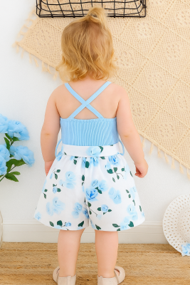  Kız Çocuk Yazlık Askılı Tulum Çiçek Desenli - Mavi Beyaz - 2