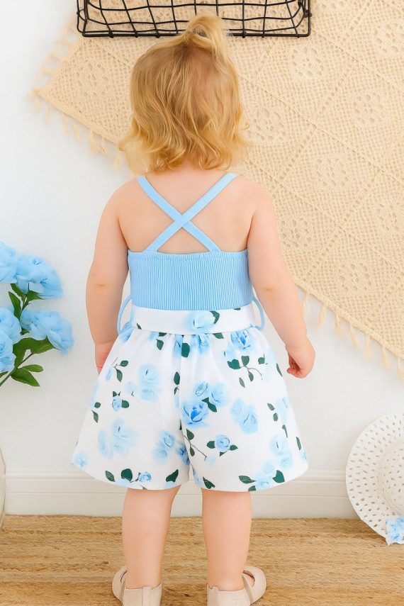  Kız Çocuk Yazlık Askılı Tulum Çiçek Desenli - Mavi Beyaz - 2