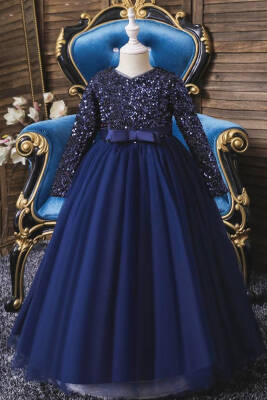 Lacivert Kız Çocuk Özel Gün Elbisesi – Parlak Payetli Abiye