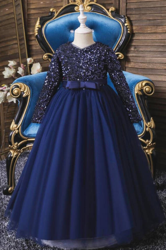 Lacivert Kız Çocuk Özel Gün Elbisesi – Parlak Payetli Abiye - 1