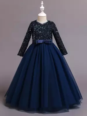 Lacivert Kız Çocuk Özel Gün Elbisesi – Parlak Payetli Abiye - 3