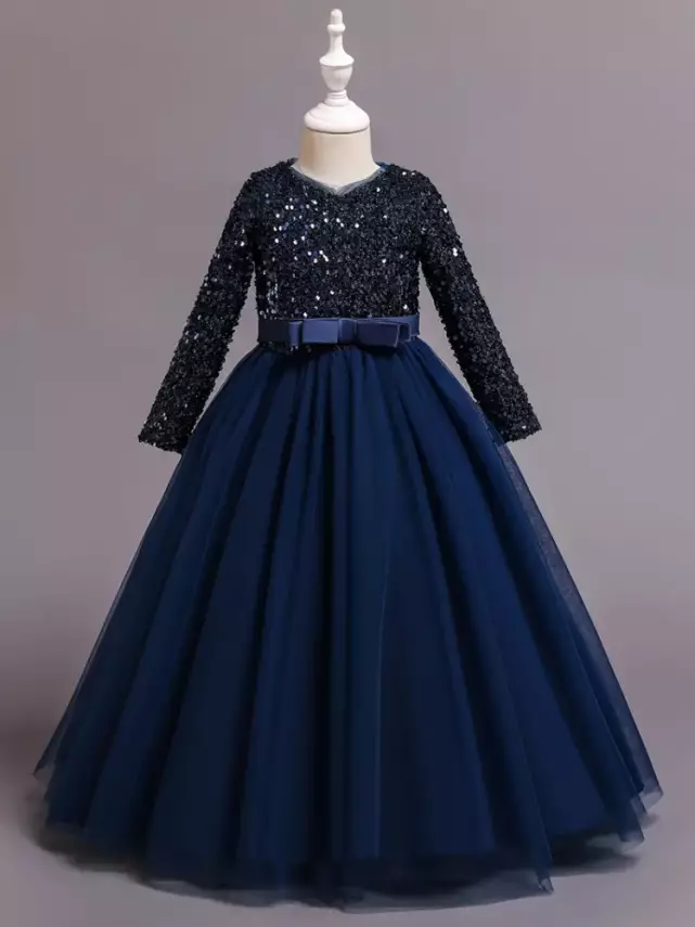 Lacivert Kız Çocuk Özel Gün Elbisesi – Parlak Payetli Abiye - 3