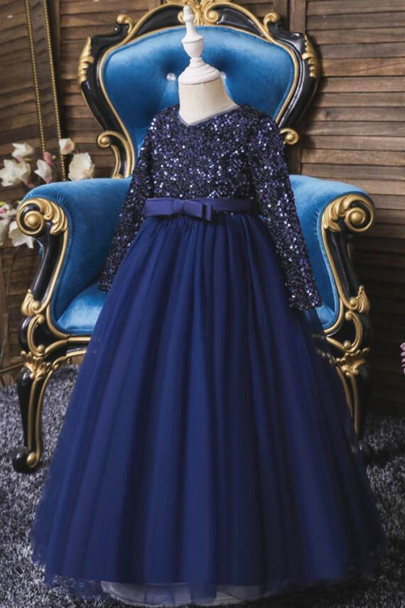 Lacivert Kız Çocuk Özel Gün Elbisesi – Parlak Payetli Abiye - 2
