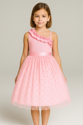 Pembe Kız Çocuk Prenses Model Tül Abiye Elbise -Özel Gün Davet Abiyesi