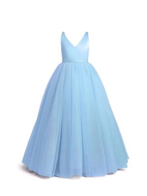 Prenses Model Kız Çocuk Abiye –Fiyonk Detaylı Tül Elbise Modeli Bebe Mavi - 2