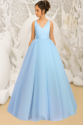 Prenses Model Kız Çocuk Abiye –Fiyonk Detaylı Tül Elbise Modeli Bebe Mavi