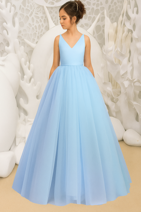 Prenses Model Kız Çocuk Abiye –Fiyonk Detaylı Tül Elbise Modeli Bebe Mavi - 1