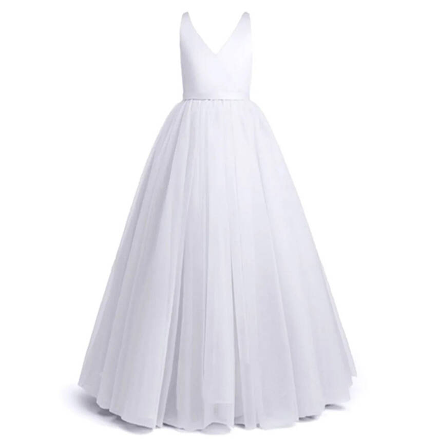 Prenses Model Kız Çocuk Abiye –Fiyonk Detaylı Tül Elbise Modeli Beyaz - 2