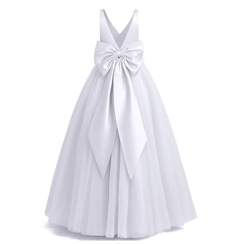 Prenses Model Kız Çocuk Abiye –Fiyonk Detaylı Tül Elbise Modeli Beyaz - 3