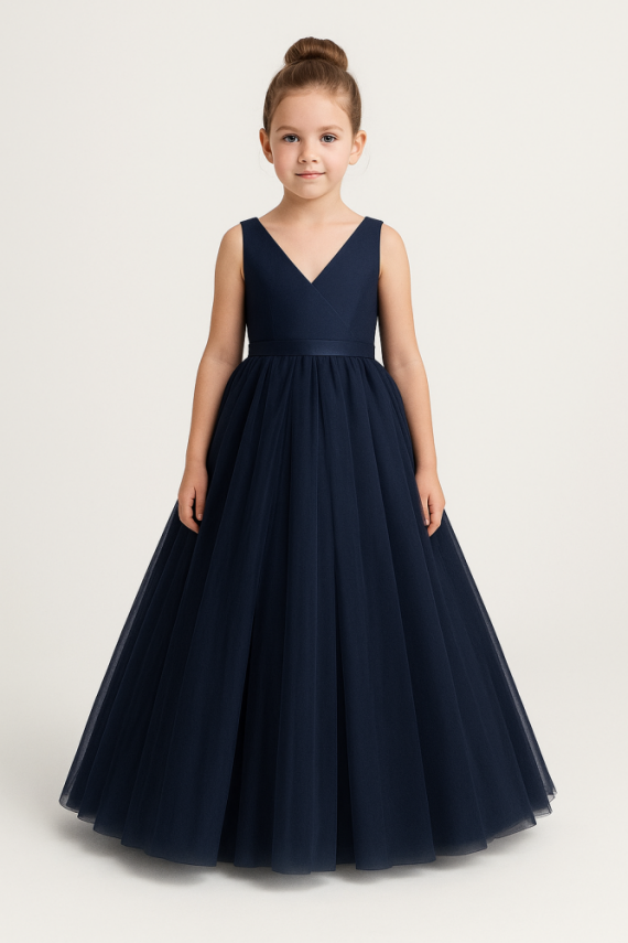 Prenses Model Kız Çocuk Abiye –Fiyonk Detaylı Tül Elbise Modeli Lacivert - 1