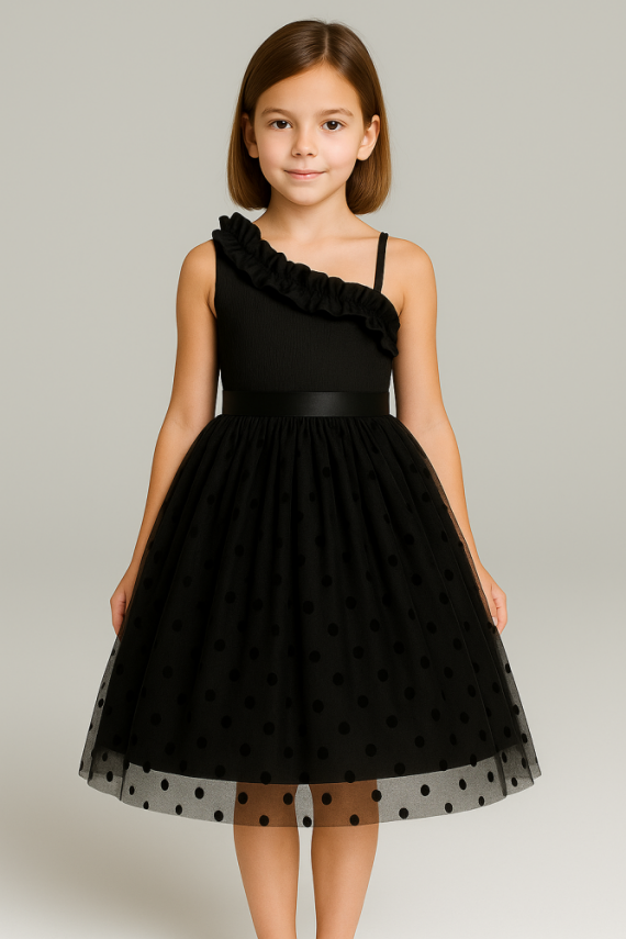 Siyah Kız Çocuk Prenses Model Tül Abiye Elbise -Özel Gün Davet Abiyesi - 1