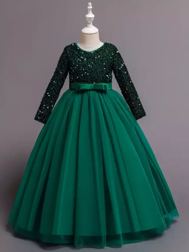 Yeşil Kız Çocuk Özel Gün Elbisesi – Parlak Payetli Abiye - 2