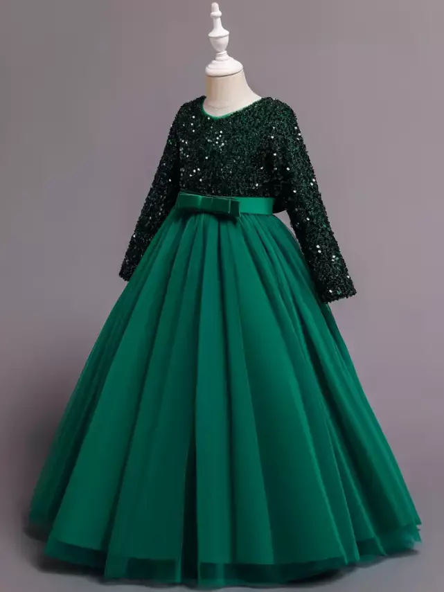 Yeşil Kız Çocuk Özel Gün Elbisesi – Parlak Payetli Abiye - 3